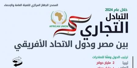 الإحصاء: 4.7% ارتفاعًا في الصادرات المصرية إلى دول الاتحاد الإفريقى خلال عام 2024