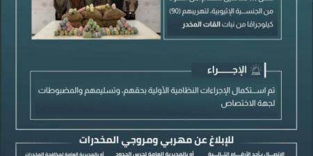 حرس الحدود بعسير يقبض على 6 مخالفين لنظام أمن الحدود لتهريبهم 90 كيلوجرامًا من نبات القات المخدر