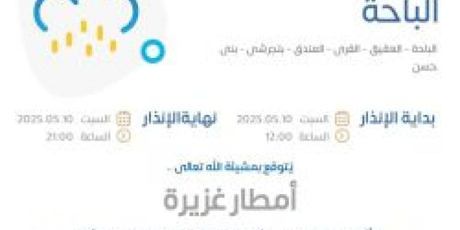 حالة الطقس اليوم في الباحة: الإنذار الأحمر في الباحة والعقيق والقرى والمندق وبلجرشى وبنى حسن