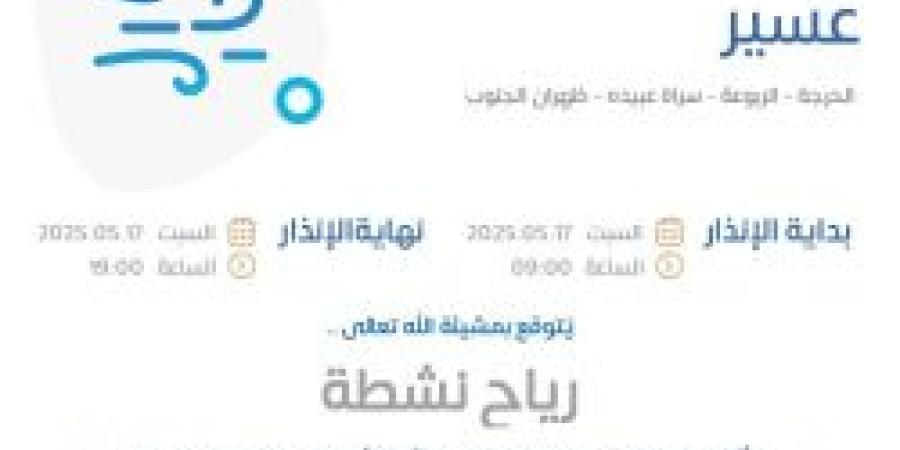 حالة الطقس اليوم في عسير: الإنذار الأصفر في الحرجة والربوعة وسراة عبيده وظهران الجنوب