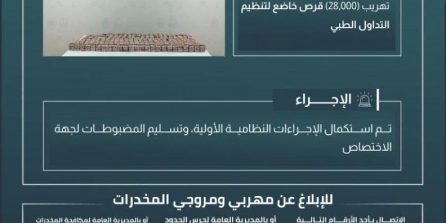 حرس الحدود بجازان يحبط تهريب 28,000 قرص خاضع لتنظيم التداول الطبي