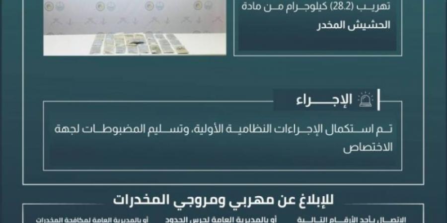 حرس الحدود بنجران يحبط تهريب 28.2 كيلوجرامًا من الحشيش المخدر