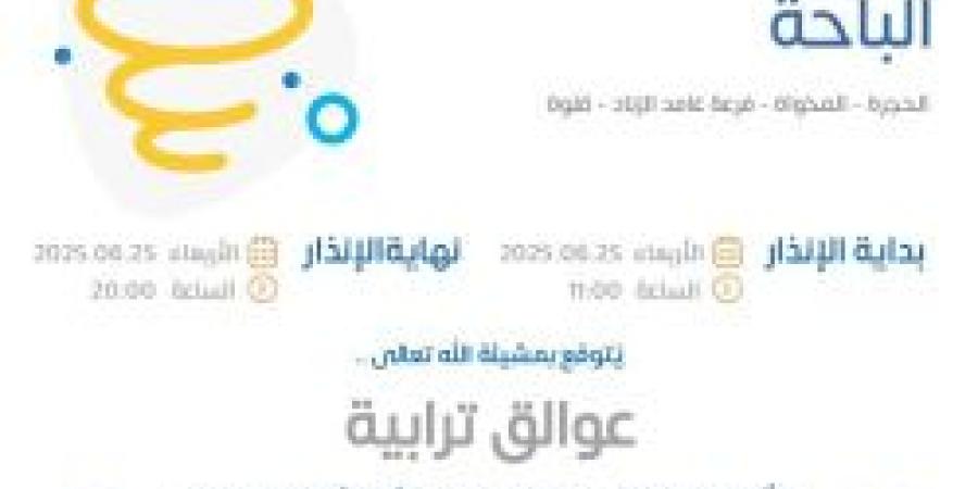 حالة الطقس غدًا في الباحة: الإنذار الأصفر في الحجرة والمخواة وفرغة غامد الزناد وقلوة